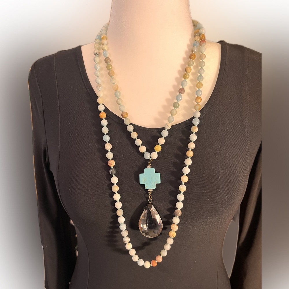 stone beaded necklace with turquoise or turquoise colored cross +crystal…